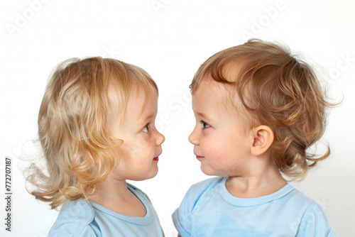 Couple of adorable little fraternal twin children: little childboy and little childgirl looking at each other, blue t-shirts, white background