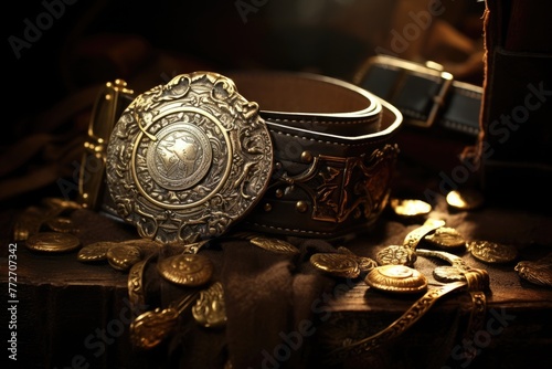 Close-up of a pirate's belt and buckle with treasure chest.