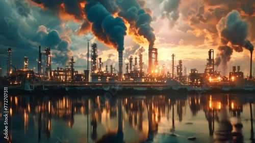 Aerial view of an oil refinery as an industrial estate with sunset lights and Steel pipe factory equipment in the petroleum industry producing upstream oil and gas as a background. photo