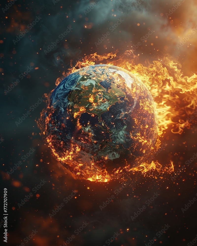 Earth globe collapsing, engulfed in flames, global warming visual