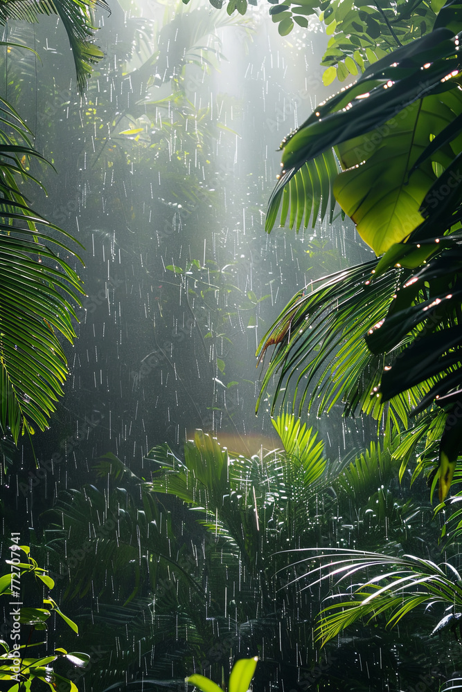 Heavy rain in a tropical rainforest - obrazy, fototapety, plakaty 