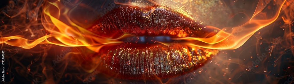 Fiery lipstick, flames licking, intense 3D closeup, isolated on dark - obrazy, fototapety, plakaty 