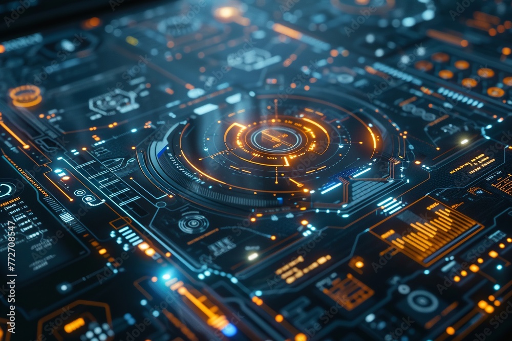 Sci-fi tech blueprint viewing, advanced 3D HUD interface, virtual screen Sci-fi tech blueprint viewing, advanced 3D HUD interface, virtual screen