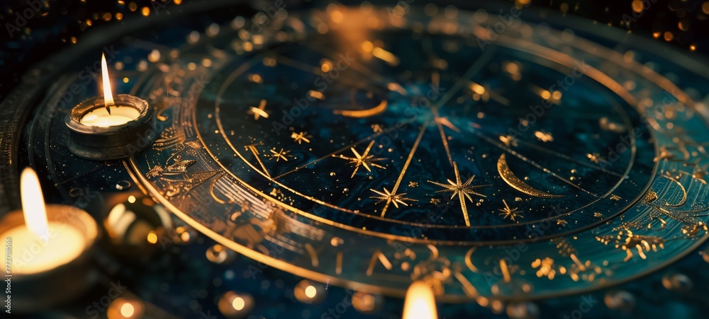 An astrology-themed setup with a zodiac wheel, compass, and lit candles. The atmosphere is mystical and vintage.