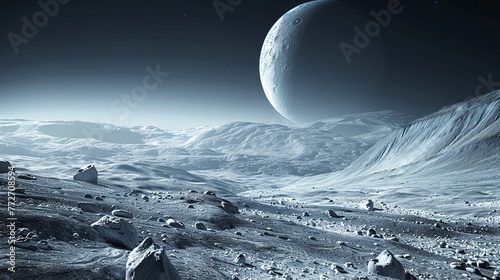 Spacecraft on a moonlike planet, Earth visible afar, exploration theme photo