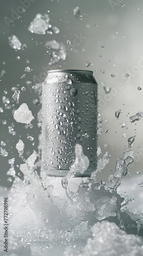 A bright white soft-drink can (330ml) floating and facing the lens