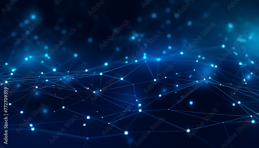 Fototapeta premium Abstract digital network with interconnected lines and dots on a deep blue background, symbolizing connectivity and data flow. Generative AI