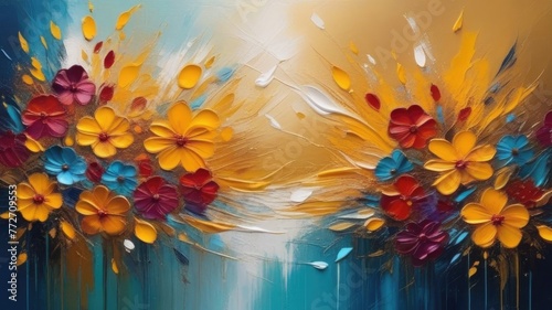 Flowers in paint, canvas, acrylic, brushstrokes,3d, mixed style. Picture.