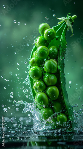 A poster showcasing a water splash effect with vibrant green peas in a pod set against a solid background