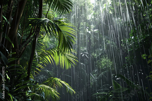 Heavy rain in a tropical rainforest