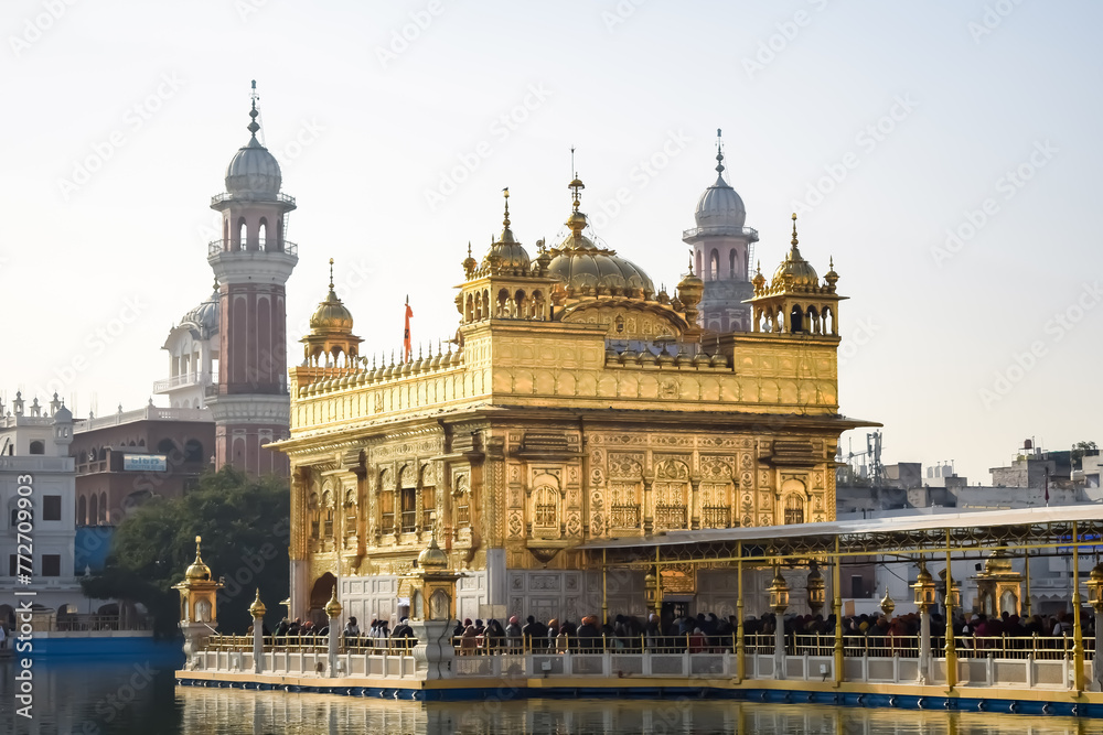 Beautiful view of Golden Temple - Harmandir Sahib in Amritsar, Punjab, India, Famous indian sikh landmark, Golden Temple, the main sanctuary of Sikhs in Amritsar, India
