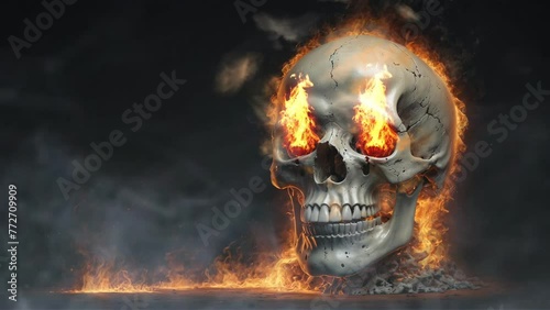 burning skull in fire with black background. Seamless loop 4k animation video