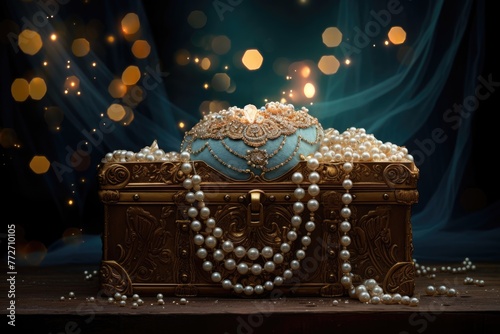 Jeweled crown and pearls arranged on a treasure chest.