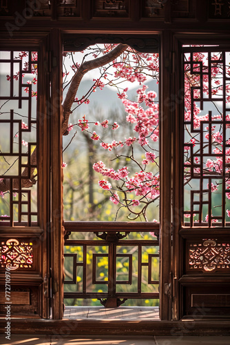 Beautiful sakura cherry blossom view through the windows from a traditional Chinese wooden house © grey