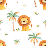 Cute Watercolor Lion Seamless Pattern