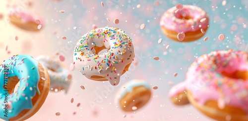 Floating donuts with colorful icing and sprinkles captured mid-air against a pastel background, exuding a playful and appetizing vibe