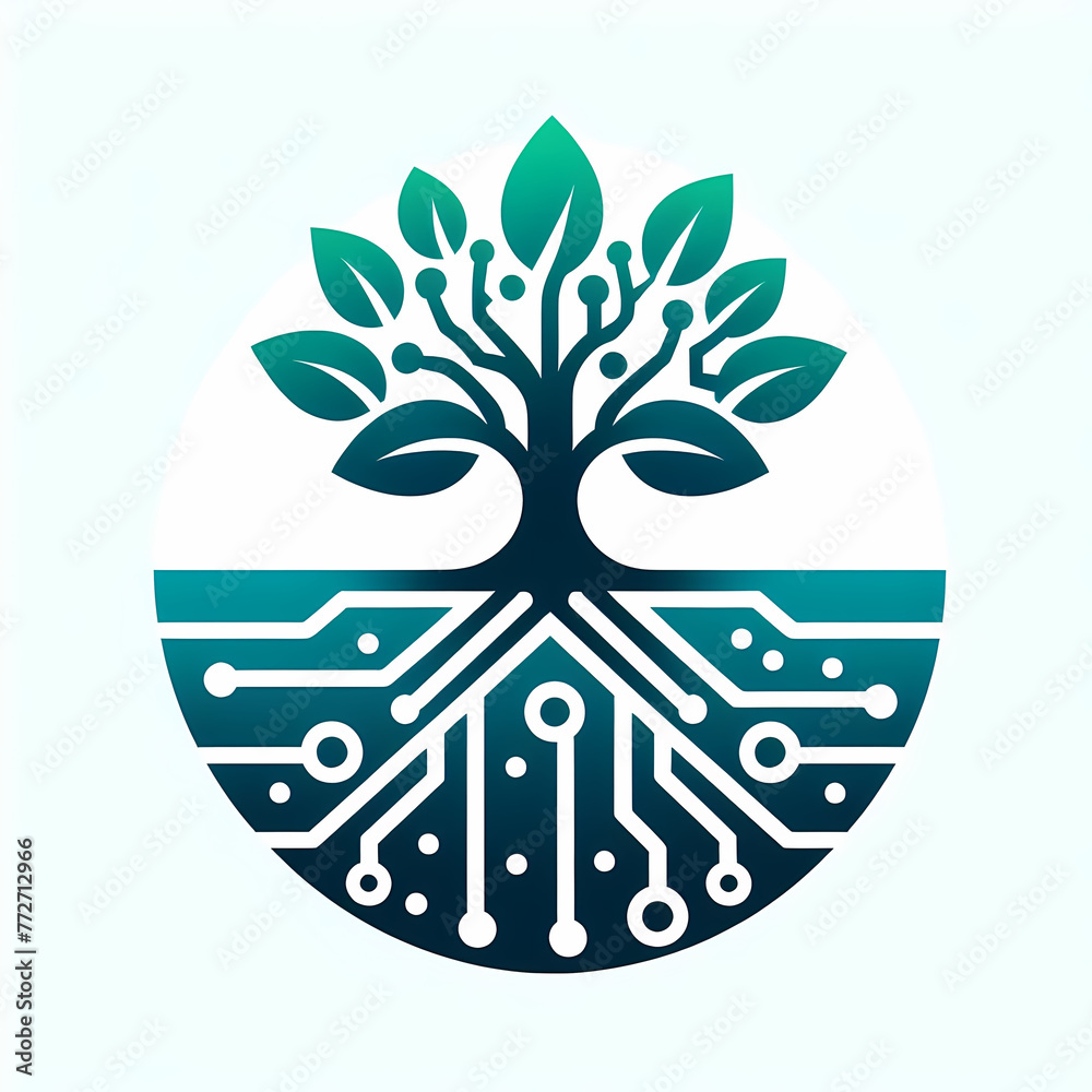 logo illustration of root and tree with connected circuits