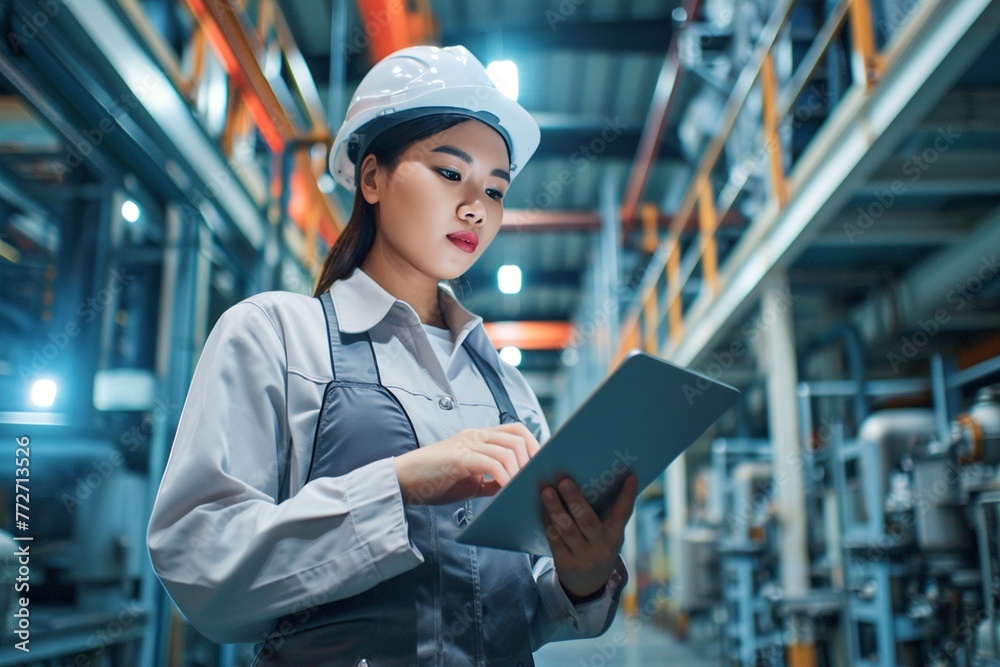 Asian female engineer is checking data on tablet phone at industrial site Asian female engineer is checking data on tablet phone at industrial site