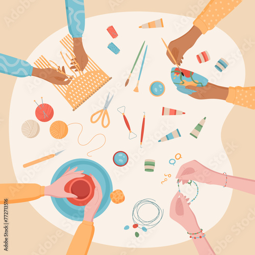 Flat creative hand craft hobby concept, handicraft DIY pottery craftwork background, colorful hands create painting at art workshop, children handmade beading activity collection.