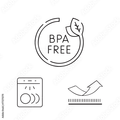 Product Packaging icons line art icons BPA free, water resistant, dish washer, innovative, premium, microwave safe, food grade, fast delivery, customer support  photo