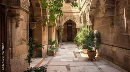 A peaceful courtyard in an old city with a maze of ancient stone walls and archways decorated with delicate carvings showcasing the intricate and timehonored art of masonry.