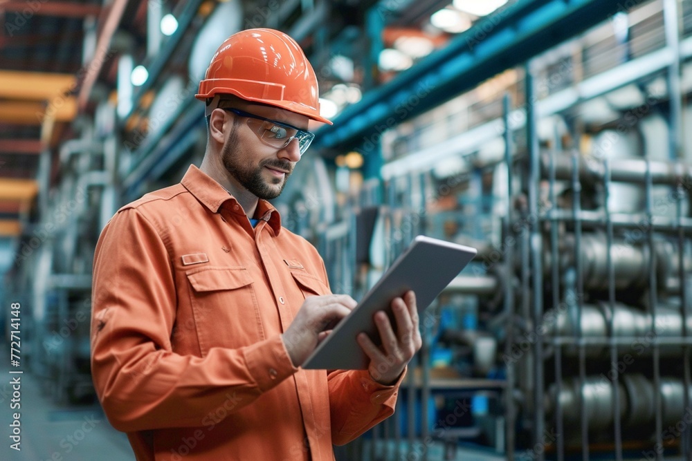Caucasian male engineer is checking data on tablet phone at industrial site Caucasian male engineer is checking data on tablet phone at industrial site