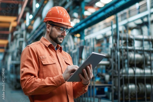 Caucasian male engineer is checking data on tablet phone at industrial site