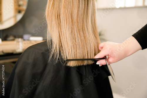 woman getting haircut by stylist