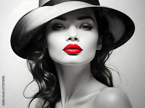 Generative KI junge hübsche Frau mit roten Lippen in schwarz weiß © Stefan