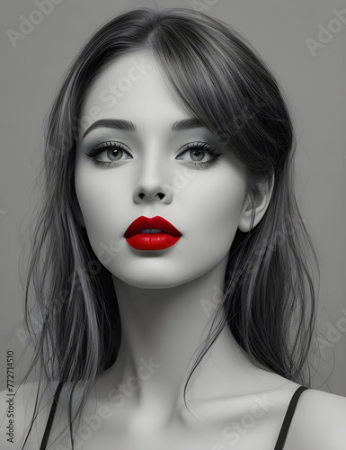 Generative KI junge hübsche Frau mit roten Lippen in schwarz weiß