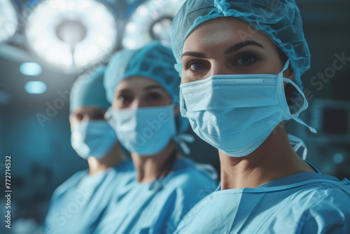 Professional surgical team in scrubs with masks, focused and ready in the operation theater