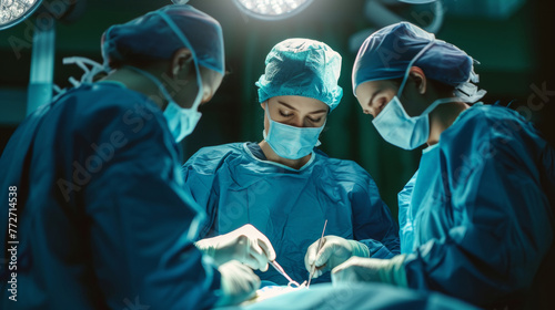 Concentrated surgical team engaged in a meticulous operation, showcasing teamwork and expertise under the OR lights