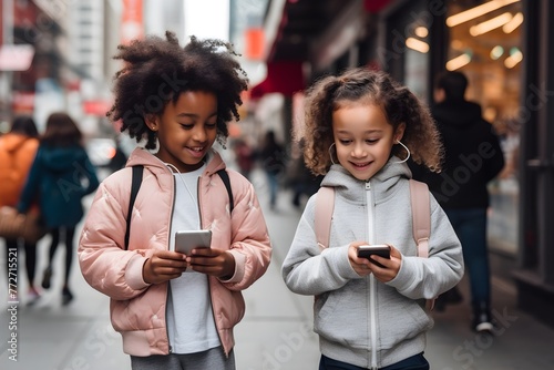 Young Children, kids busy using their phones while walking on the street, technology, addiction