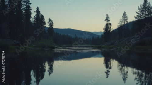 The silhouettes of tall trees and rolling hills framed against a cloudless sky reflecting in the glassy surface of the tranquil river. . . © Justlight