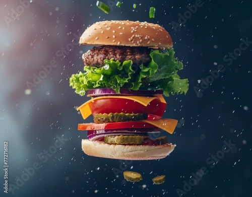 A deconstructed burger with its ingredients floating mid-air, showcasing fresh lettuce, tomato, cheese, triple beef patties, and onion rings photo