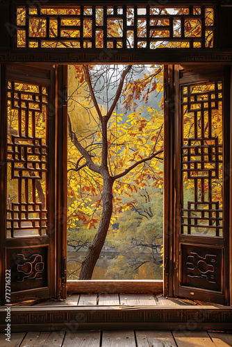 Beautiful autumn foliage view through the window from a traditional wooden Chinese house