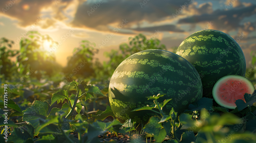 Two watermelons are on the ground in a field. The sun is setting in the background - obrazy, fototapety, plakaty 