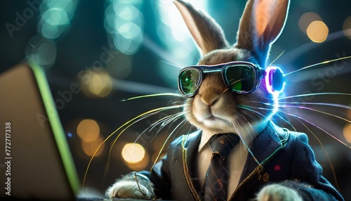 Concept of a programmer as it tech rabbit personality lights up the portrait, showcasing his expertise and enthusiasm in the dynamic field of IT