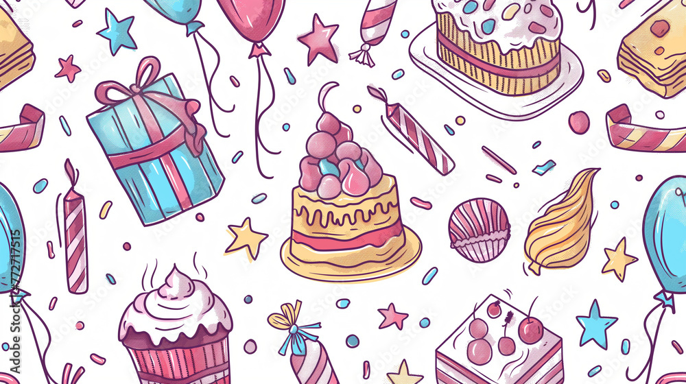 Birthday pattern with birthday cakes, balloons, gift boxes. Festive atmosphere, birthday celebration, party decorations. Background design. Birthday pattern with birthday cakes, balloons, gift boxes. Festive atmosphere, birthday celebration, party decorations. Background design.