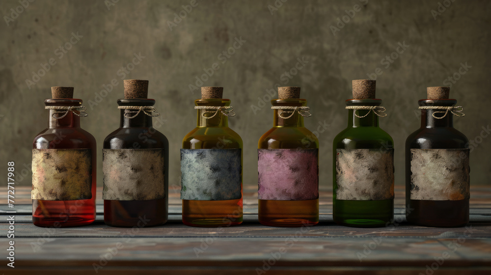 A tantalizing array of colorful liquid-filled bottles with blank labels, displayed in a gradient order evoking curiosity and variety