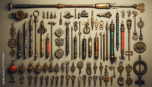 A collection of vintage keys and locks