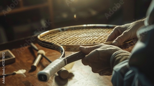 Crafting tennis racket, restringing process, soft light, side angle, artisan hands , super detailed photo