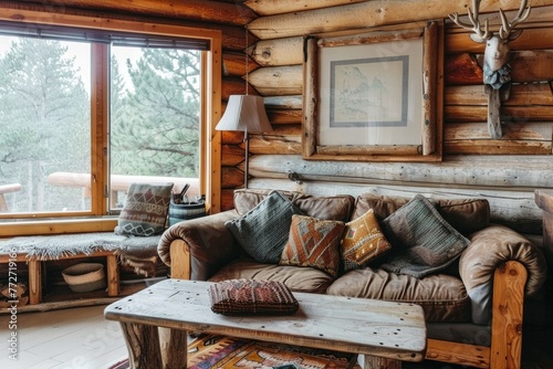 Cozy log cabin living room with wood couch and coffee table