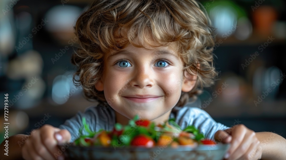 Obraz premium A boy's expression of satisfaction after a meal