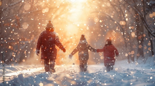 A family engaging in a massive snowball fight during the first snow