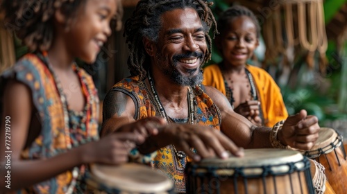A family engaging in a lively drum circle with homemade instruments