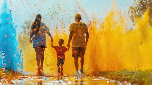 A family participating in a fun run or color run together