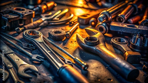 close ups of the mechanic s tools with dramatic light