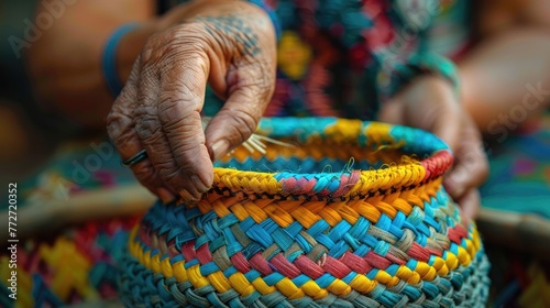 A person weaving a colorful basket for storage