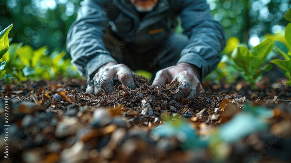 An individual laying down new mulch in the garden beds An individual laying down new mulch in the garden beds